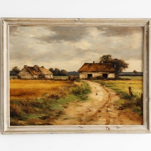 Vintage European Landscape Oil Painting | Country Landscape Print | Rustic Farmhouse Wall Art | Antique Country Print