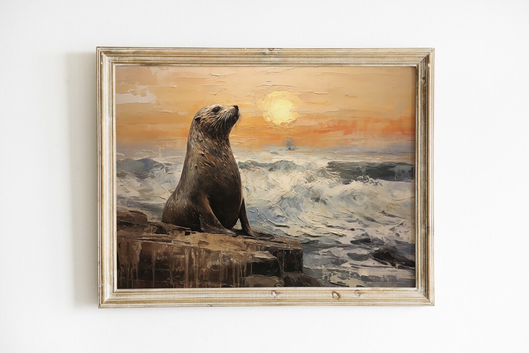 Vintage SUNSET Sea Lion PAINTING Downloadable Scenic SEASCAPE Wall Art ...