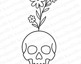 Caveira com Flores PNG | Clipart Botânico Gótico | Versões em Preto e Branco | Download Digital