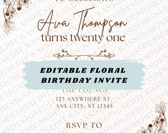 Convite de Aniversário Floral – Modelo Editável no Canva – Download Digital Instantâneo – Convite para Festa de Aniversário de Menina