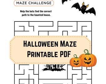 Folha de atividades para imprimir sobre o labirinto de Halloween: morcegos e casa mal-assombrada (PDF)