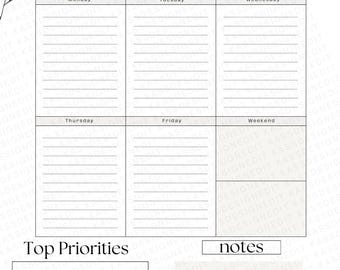Planejador Semanal Minimalista para Imprimir | PDF de Uma Página