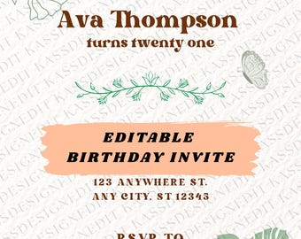Convite de aniversário com tema de plantas – Modelo editável no Canva