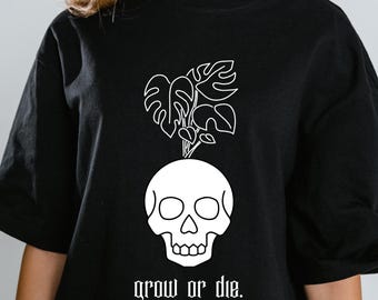 Caveira com planta Monstera PNG: Clipart botânico gótico (download digital)