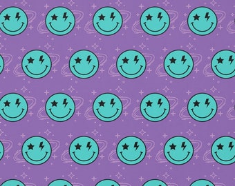 Space Smiley Front, Lightning Bolt Back Purple Minky Blanket