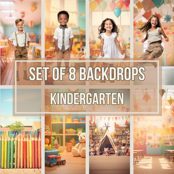 Set von 8 Kindergarten Kulissen | Fotobearbeitungsvorlage, Photoshop Digitaler Hintergrund, Kindergarten Abschluss Landschaft, bunte Ästhetik