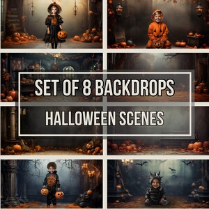 Set of 8 Halloween Scene Backdrops | Digital Overlay, Pumpkin Scenery, Halloween Background, Photo Editing Template, Fall Backdrop