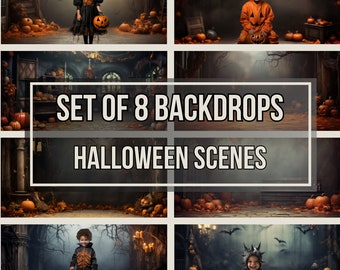 May include: Set of 8 Halloween backdrop digital downloads featuring spooky scenes with pumpkins, trees, and a mysterious atmosphere. Perfect for photographers and digital artists.