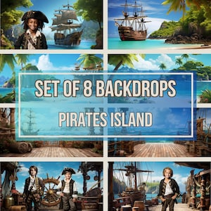 Set of 8 Pirates Island Backdrops | Photography Template, Kids Birthday Scenery, Little Corsair Backdrop, Pirate Island Background