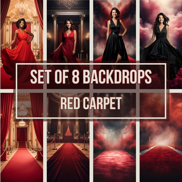 Set of 8 Red Carpet Backdrops | Photoshop Template, Photo Backdrop, Digital Interior Background, Hollywood Aesthetic, Luxury Scenery