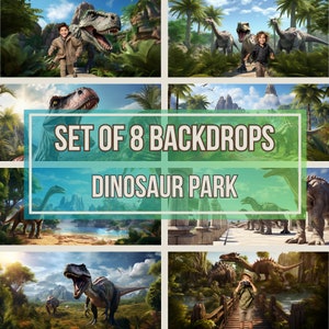 Set of 8 Dinosaur Park Backdrops | Photography Template, Kids Birthday Theme, T-Rex Background, Jurassic Period Scenery, Party Backdrop