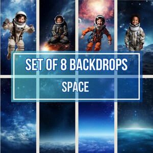 May include: Set of 8 space themed backdrops featuring a variety of starry skies, planets, and nebulae.  The backdrops are perfect for creating a variety of space-themed photos.