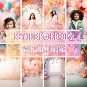 Set of 8 Pastel Balloon Backdrops | Birthday Background, Colorful Party Overlay, Photo Backdrop, Photoshop Template, Digital Overlay