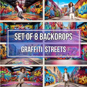 Può includere: Set di 8 sfondi digitali con arte graffiti colorato su muri di mattoni in un vicolo della città. Gli sfondi sono perfetti per fotografi e grafici che desiderano creare immagini uniche e vibranti.
