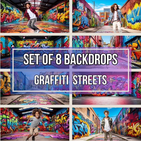 Set of 8 Graffiti Streets Backdrops | Photography Template, Urban Scenery, Street Art Backdrop, Hip Hop Background, 90s Aesthetic