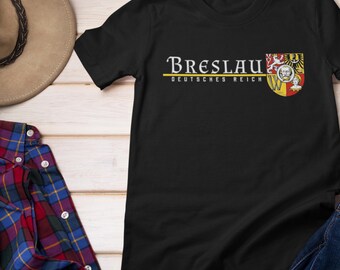 May include: Black t-shirt with a white graphic of a coat of arms and the text "Breslau Deutsches Reich".