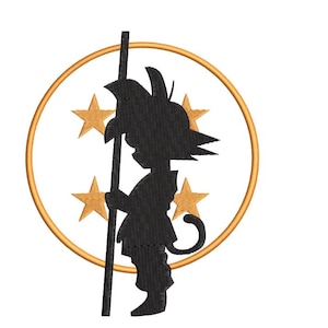 May include: Black silhouette of a character holding a staff, surrounded by a gold circle and stars. The design is likely for embroidery or a similar craft project. The image includes technical details.