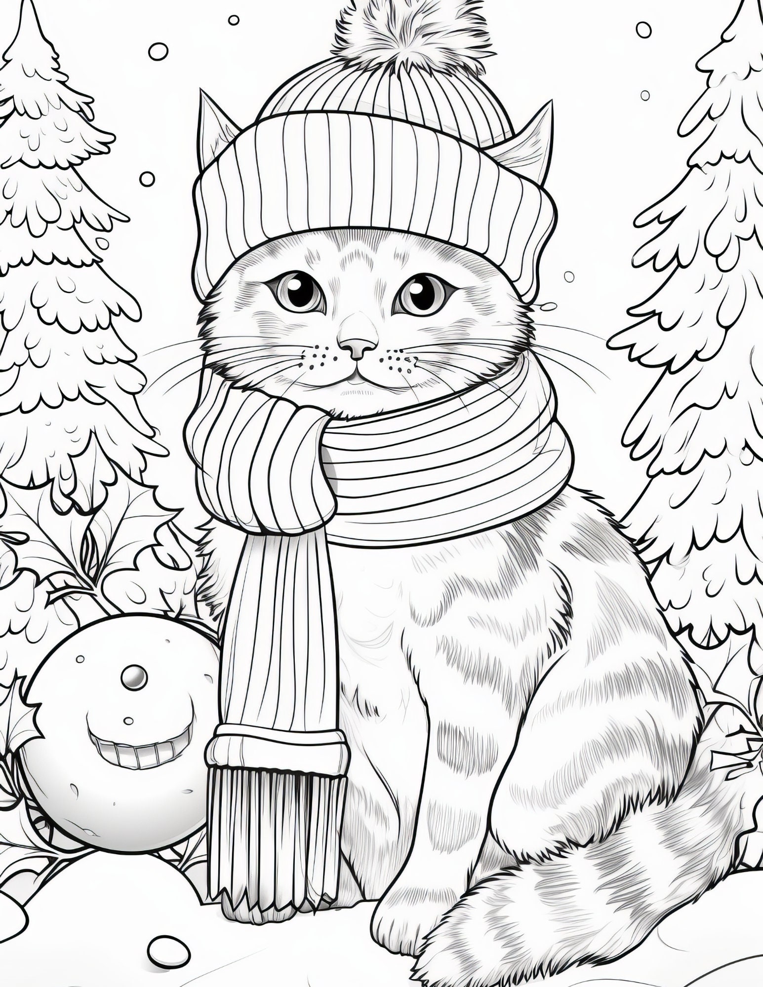 Christmas Cat Coloring Book, Printable Holiday Coloring Pages, Digital