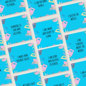 Tarjetas de afirmación diaria para la vuelta al cole. Baraja de cartas motivacionales imprimible para niños. Descarga instantánea. Mejora la salud mental y la positividad.
