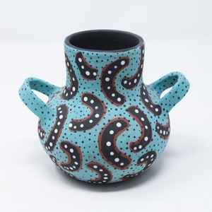 1 Hand-Crafted, Turquoise and Black, Ceramic Vase/ Pot with Handles, Funky Designs and Polka-Dots