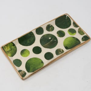 1 Hand-Crafted, Ceramic, Mottled Greens Polka-Dotted Tray with Gold Rim