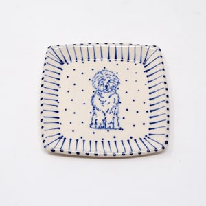 1 Hand-Crafted, Blue and White, Square Ceramic Labradoodle Jewelry/ Trinket/ Ring Dish