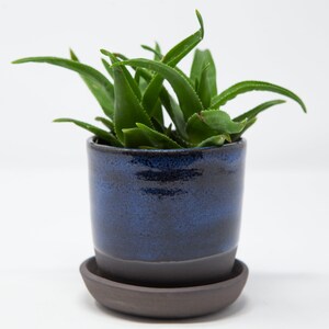 1 Hand-Crafted, Ceramic, Blue  Planter with Drainage Hole and Saucer