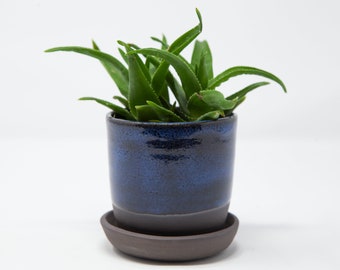 1 Hand-Crafted, Ceramic, Blue  Planter with Drainage Hole and Saucer