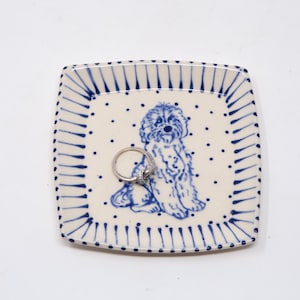 1 Hand-Crafted, Blue and White, Square Ceramic Labradoodle Jewelry/ Trinket/ Ring Dish