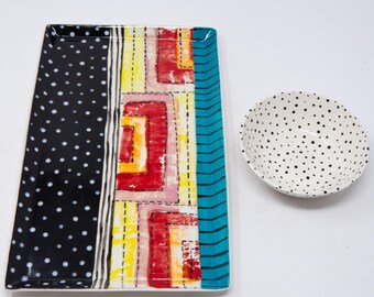 Handcrafted, Ceramic Serving Platter with Dipping Bowl in Bold and Happy Colors and Patterns