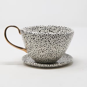 1 - Hand-Crafted Ceramic Tea Cup and Saucer in Black and White Hand-Painted Polka Dots