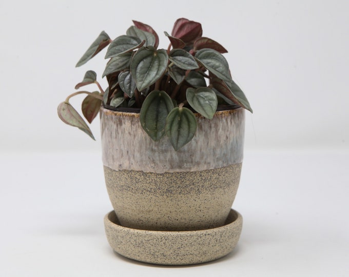 1 Hand-Crafted, Ceramic, Speckled Clay, Planter with a Cream Melting Glaze