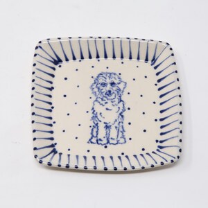 1 Hand-Crafted, Blue and White, Square Ceramic Labradoodle Jewelry/ Trinket/ Ring Dish