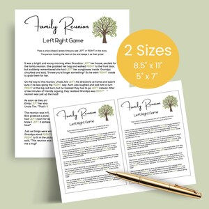 Può includere: Due fogli stampati del "Family Reunion Left Right Game" con una penna d'oro. Il gioco è stampato su carta bianca con testo nero e una grafica ad albero. Un cerchio giallo indica due dimensioni: 21,6 cm x 27,9 cm e 12,7 cm x 17,8 cm.