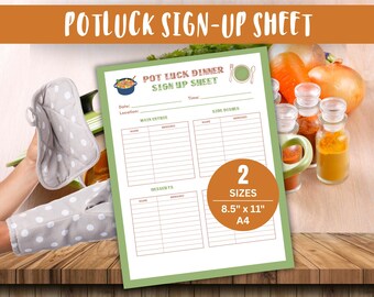 May include: A potluck sign-up sheet with the text "POTLUCK SIGN-UP SHEET" at the top. The sheet is green and white, with sections for main entrees, side dishes, and desserts. It is available in 8.5" x 11" and A4 sizes. A gray oven mitt with white polka dots is in the image.