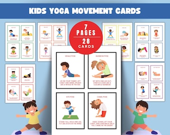 Posturas de ioga para crianças, movimento infantil, cartões de exercícios para crianças, educação física, jogos de movimento, cartões de condicionamento físico, cartões de atenção plena, cartões calmantes