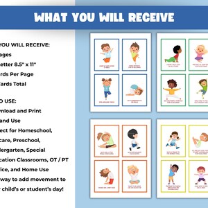 May include: A set of 40 exercise cards for children, each featuring a different activity with illustrations of kids performing the movements. The cards are designed for use in various educational settings, with instructions on how to download, print, and cut them.