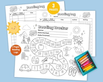 May include: Three-page reading log and tracker set with a summer theme. The black and white pages include spaces for titles, dates, and ratings, along with a reading tracker game board. A box of colorful crayons is included.