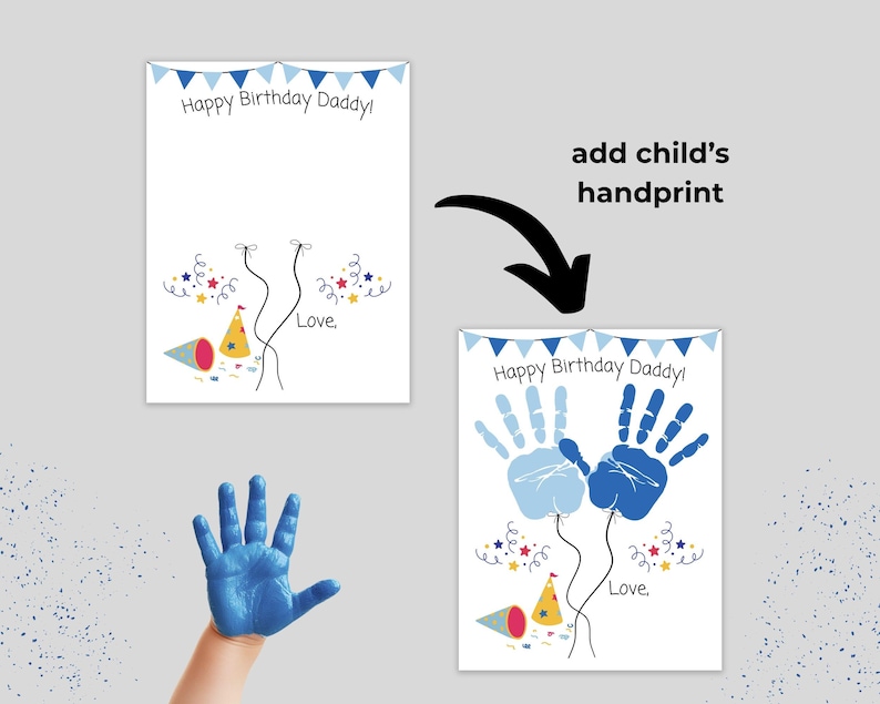 Puede incluir: Tarjeta blanca con el texto "Happy Birthday Daddy!" y espacio para la huella de la mano de un ni&ntilde;o. La tarjeta presenta detalles en azul y rojo, incluyendo un gorro de fiesta y confeti. Una mano pintada de azul.