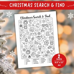 Könnte beinhalten: Ein schwarz-weißes Weihnachts-Such- und Find-Aktivitätsblatt mit verschiedenen Illustrationen zum Thema Feiertage. Das Blatt enthält eine Liste von zu findenden Gegenständen, mit dem Text "Christmas Search & Find" oben. Erhältlich in zwei Größen: 8,5" x 11" und A4 (21 x 29,7 cm).