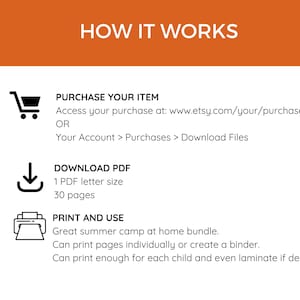 May include: Instructions on how to purchase and download a 30-page PDF summer camp activity bundle. The bundle can be printed individually or as a binder. The text says "How It Works", "Purchase Your Item", "Download PDF", and "Print and Use".