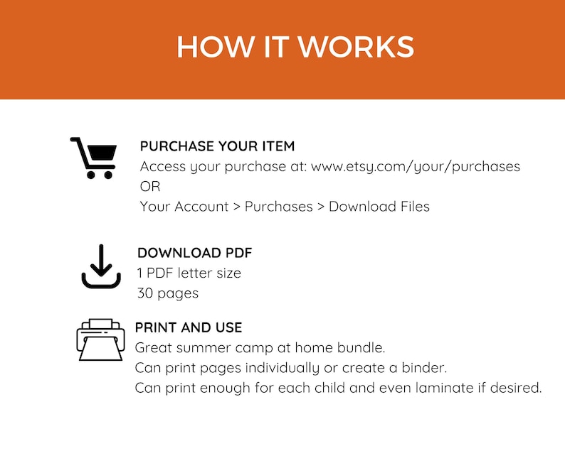 May include: Instructions on how to purchase and download a 30-page PDF summer camp activity bundle. The bundle can be printed individually or as a binder. The text says "How It Works", "Purchase Your Item", "Download PDF", and "Print and Use".