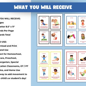 May include: A set of 28 yoga pose cards for children, printed on US Letter 8.5" x 11" paper. Each card features a colorful illustration of a child demonstrating a yoga pose, with instructions. Ideal for home or classroom use.