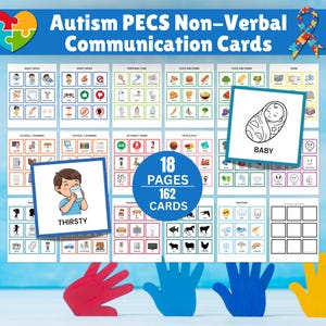 May include: A set of 162 non-verbal communication cards for autism, featuring 18 pages of visual aids. The cards include images and words like "Baby" and "Thirsty". The design incorporates a puzzle piece, a ribbon, and colorful hand cutouts.