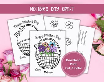 Mother's Day Flower Basket Craft, Mothers Day Crafts, DIY Mothers Day Card, Flower Coloring Craft Activity, Keepsake Gift for Mom Grandma