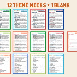 May include: Twelve colourful printable cards with weekly themes for kids' activities. Each card has a different theme, such as Animal Safari, Around the World, Art Explosion, Cooking & Baking, Dinosaur Discovery, Mad Scientist, Outdoor Exploring, Pirates, Space Explorers, Sports Mania, Under the Sea, and a blank card.