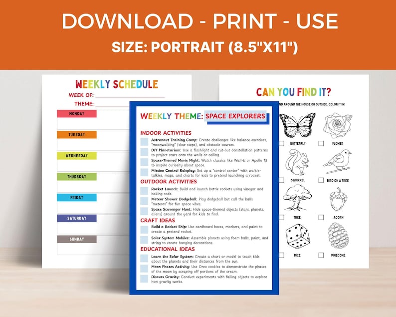 May include: Printable weekly schedule for kids with a space explorer theme. The schedule includes a blank weekly planner, indoor and outdoor activities, craft ideas, and educational ideas. The printable also includes a "Can You Find It?" game with a list of items to find and colour in.