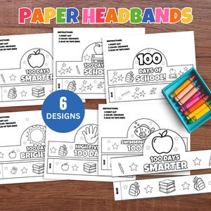 May include: A collection of six printable paper headband designs for kids, featuring school-themed graphics like apples, stars, and backpacks. The image includes a box of colorful crayons, and the text "PAPER HEADBANDS" is at the top.