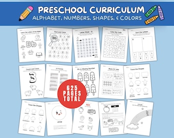 Preschool Curriculum, Preschool Alphabet Letter Number Worksheets 625 Pages, Preschool Homeschool Printable, Montessori Toddler Curriculum