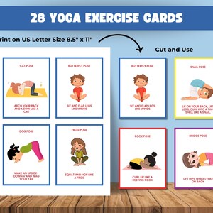 May include: A set of 28 yoga exercise cards printed on US Letter size 8.5" x 11" paper. Each card features a different yoga pose with a corresponding illustration and instructions. The cards are designed to be cut out and used for yoga practice.